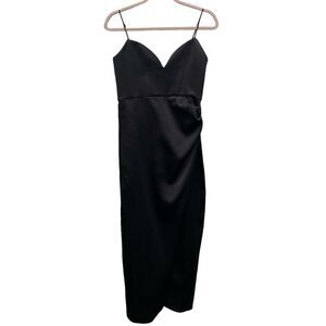 ZARA Black Satin Effect Spaghetti Strap Sweetheart Neckline Ruched Midi Dress M